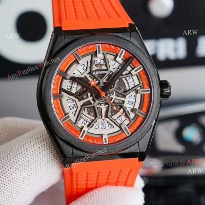 Swiss Grade Zenith Defy Classic Skeleton Dial Orange Rubber Strap High End Replica Watch